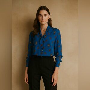 Vintage Blue Paisley Print Italian Style Tie Neck Long SleeveBlouse Size M